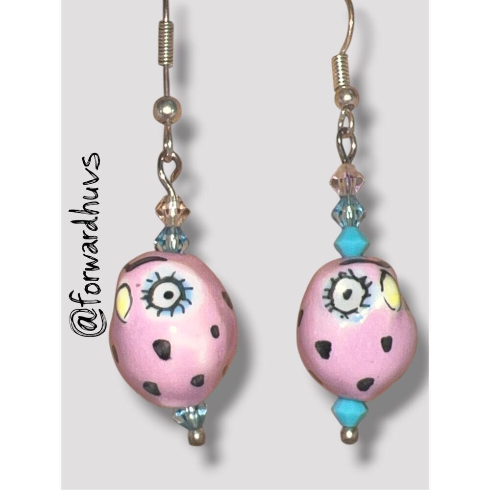 Handmade Pink Owl‑Style Character Earrings